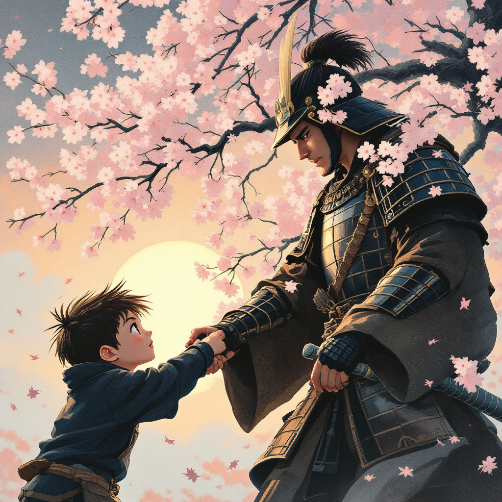 A young boy reaches out to a samurai beneath cherry blossom trees, embodying a protective stance as the warm sun sets behind them, evoking the quote, Get away from my godson.