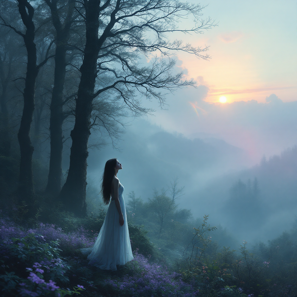 A woman in a flowing white dress stands amid trees and wildflowers, gazing at a sunset breaking through a misty landscape, embodying the quest for light in a shadowy world.