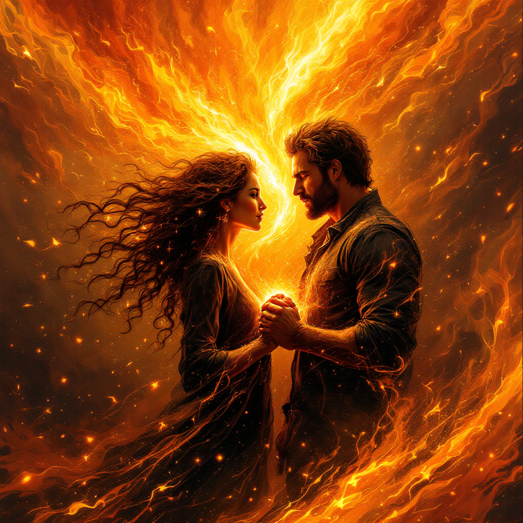 A fiery embrace between two figures with flowing hair symbolizes a resilient friendship, embodying the quote: Friendship is a promise that can weather the toughest storms.