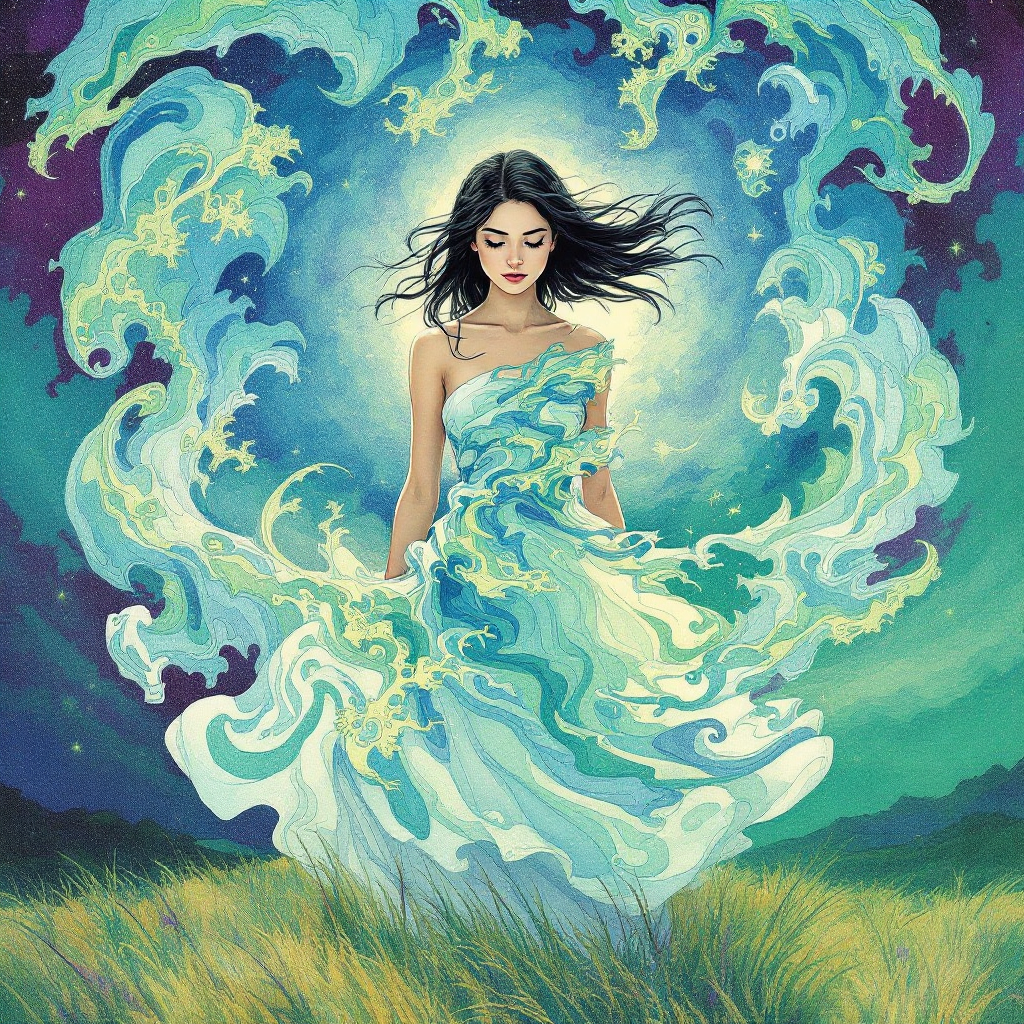 A young woman in a flowing dress swirls amidst vibrant waves and ethereal colors, embodying the essence of choosing one's own connections, inspired by the quote about friends and family.