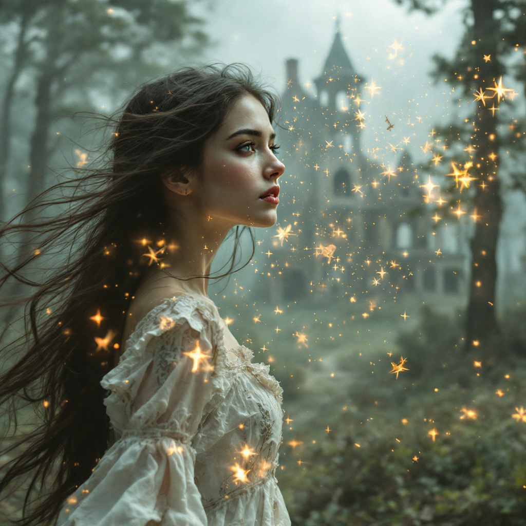 A young woman in a flowing white dress stands in a misty forest, her hair blowing gently. Glimmering sparkles surround her, hinting at a mysterious, shadowy past and an enchanting haunted castle in the background.