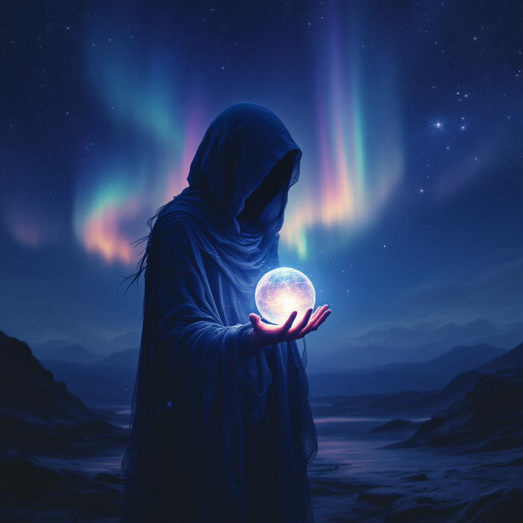 A cloaked figure stands in a serene landscape, holding a glowing orb, under a night sky filled with auroras, embodying the quote about finding light in darkness.