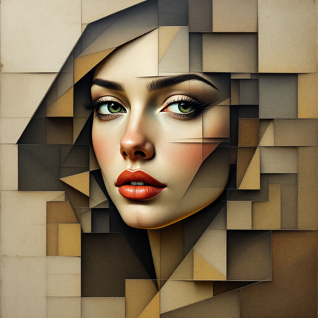 An abstract portrait featuring a woman’s face, composed of geometric shapes and earthy tones, evokes the quote: The past is never dead. It’s not even past.