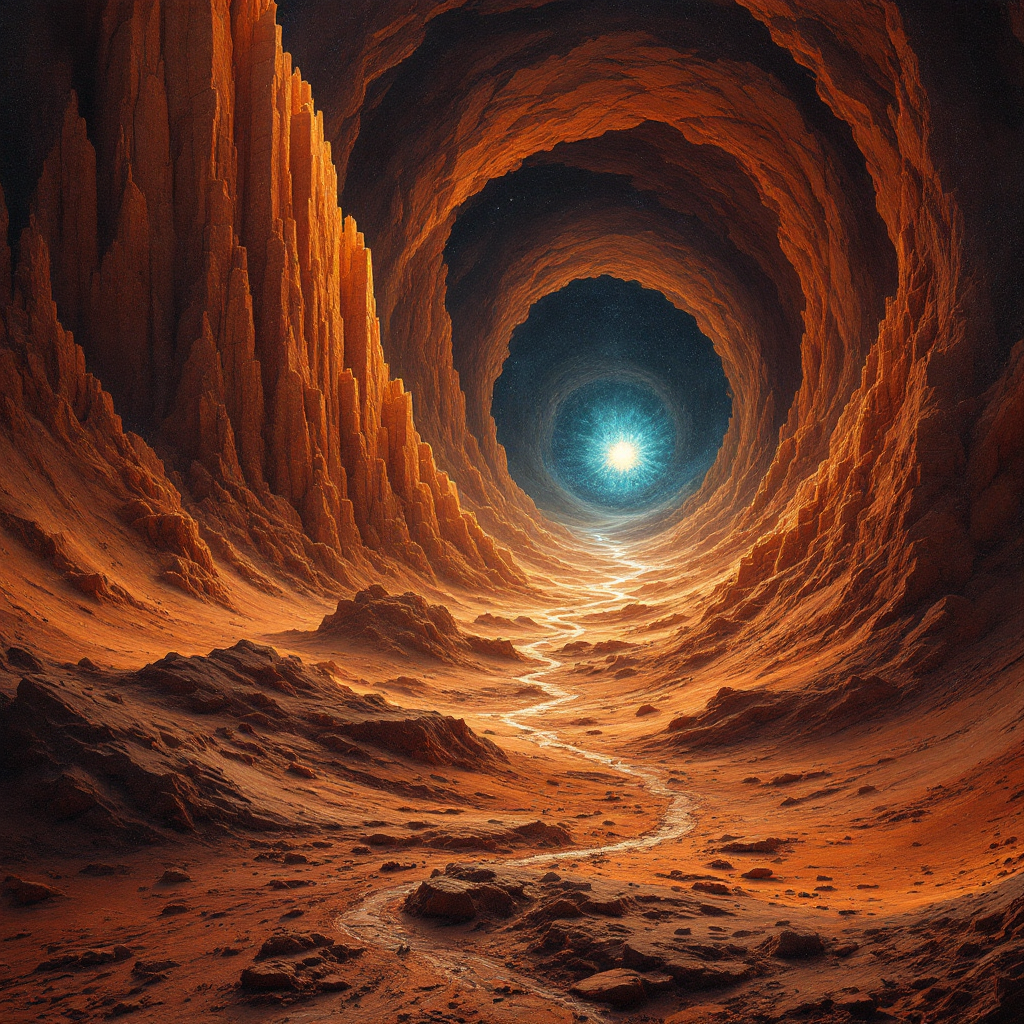 A winding path leads through a cavernous landscape with towering rock formations, illuminated by a glowing blue orb at the end, symbolizing the journey of life and death.