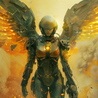 A futuristic armored angel with mechanical wings in a fiery battlefield, inspired by the book Angels of Punching You in the Face.