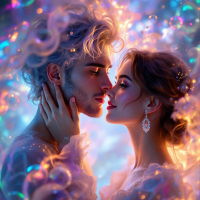 A tender moment between a couple, their foreheads almost touching, surrounded by a dreamy, colorful haze, capturing the essence of their love—“Thorns and all.”