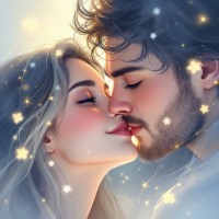 A romantic moment between a couple as they share a kiss, surrounded by a soft glow and shimmering lights, embodying love, hope, and relief.