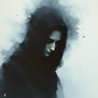 A somber figure in a dark hood gazes downward, surrounded by soft, ethereal blue hues, reflecting the weight of despair captured in the quote about breathing and depression.