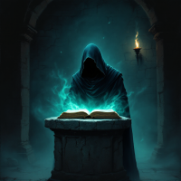 A cloaked figure stands before a glowing book on a stone pedestal, surrounded by shadows and dim light, embodying the struggle between truth and deception.