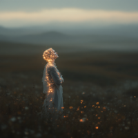 A figure stands in a vast, misty landscape, illuminated by soft, glowing lights that suggest a connection to the profound themes of psychohistory and the flow of history itself.