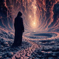 A cloaked figure stands at the edge of a swirling, cosmic landscape filled with vibrant colors and intricate webs, embodying the fears and mysteries we all face.