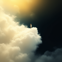 A figure stands on a fluffy cloud, surrounded by a contrast of dark and golden skies, symbolizing the quote about soaring high and appearing small to those who cannot fly.