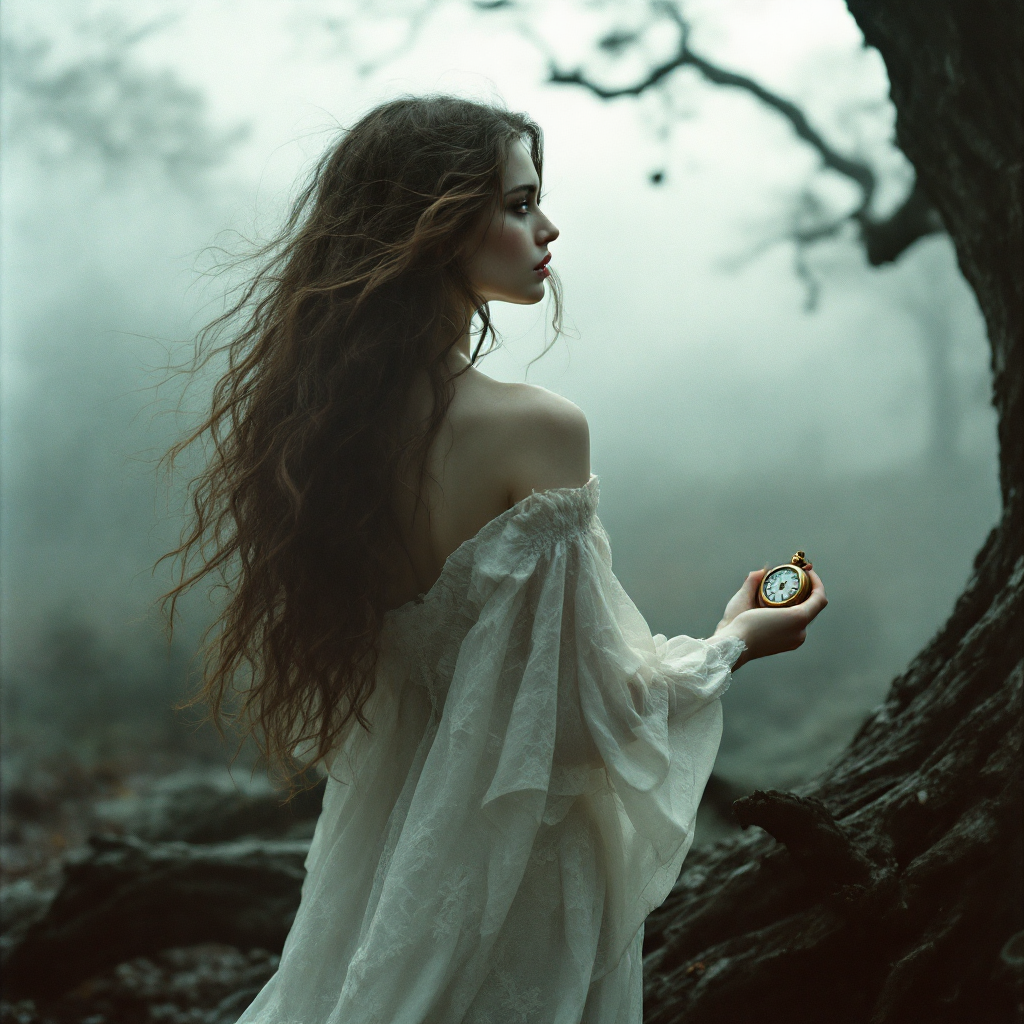 A serene young woman with long, flowing hair stands by a twisted tree in a misty forest, holding an antique pocket watch, embodying the quest for connection beyond life and death.