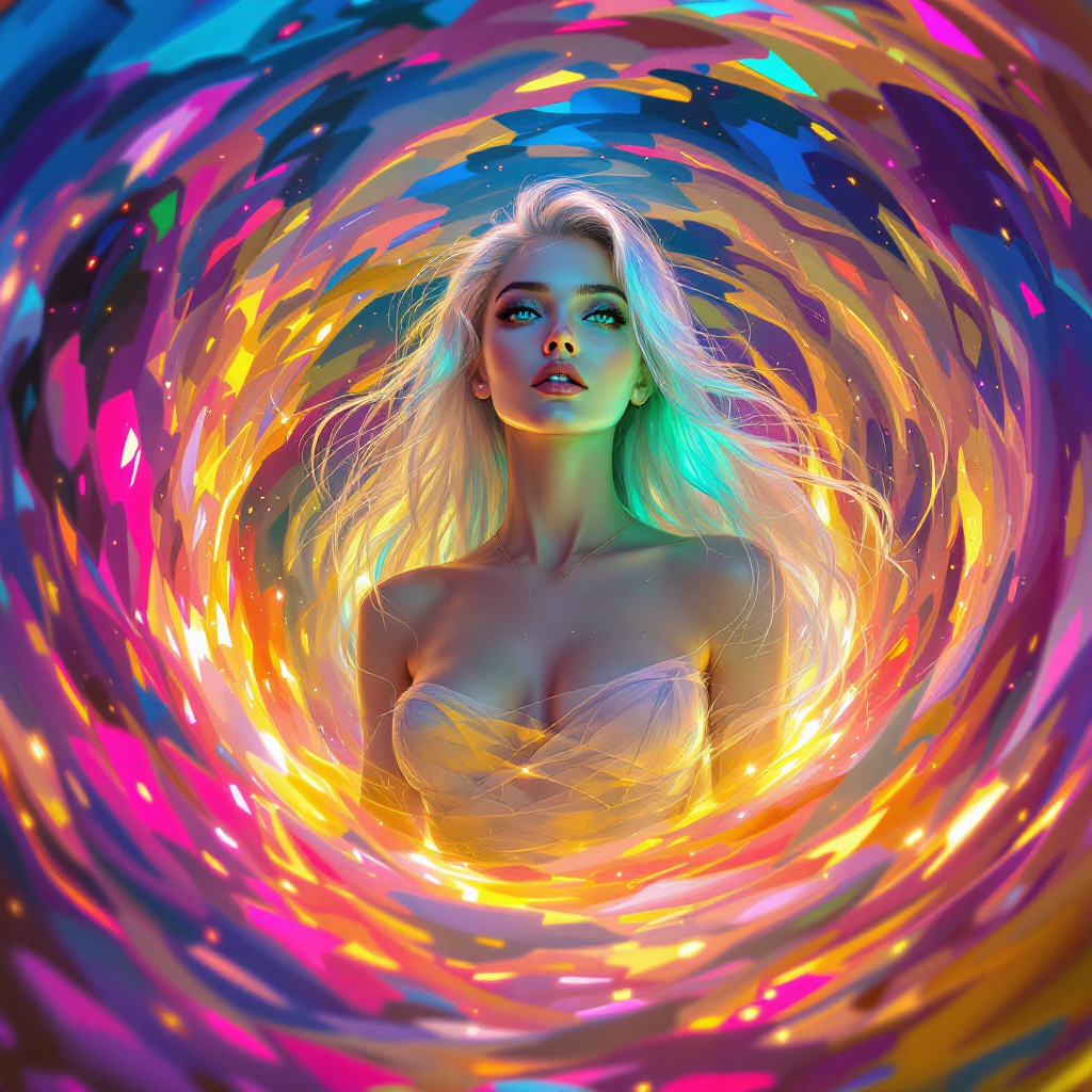 A serene figure emerges from a colorful, swirling vortex, symbolizing clarity amid chaos, with vibrant hues illuminating their expression and surroundings.