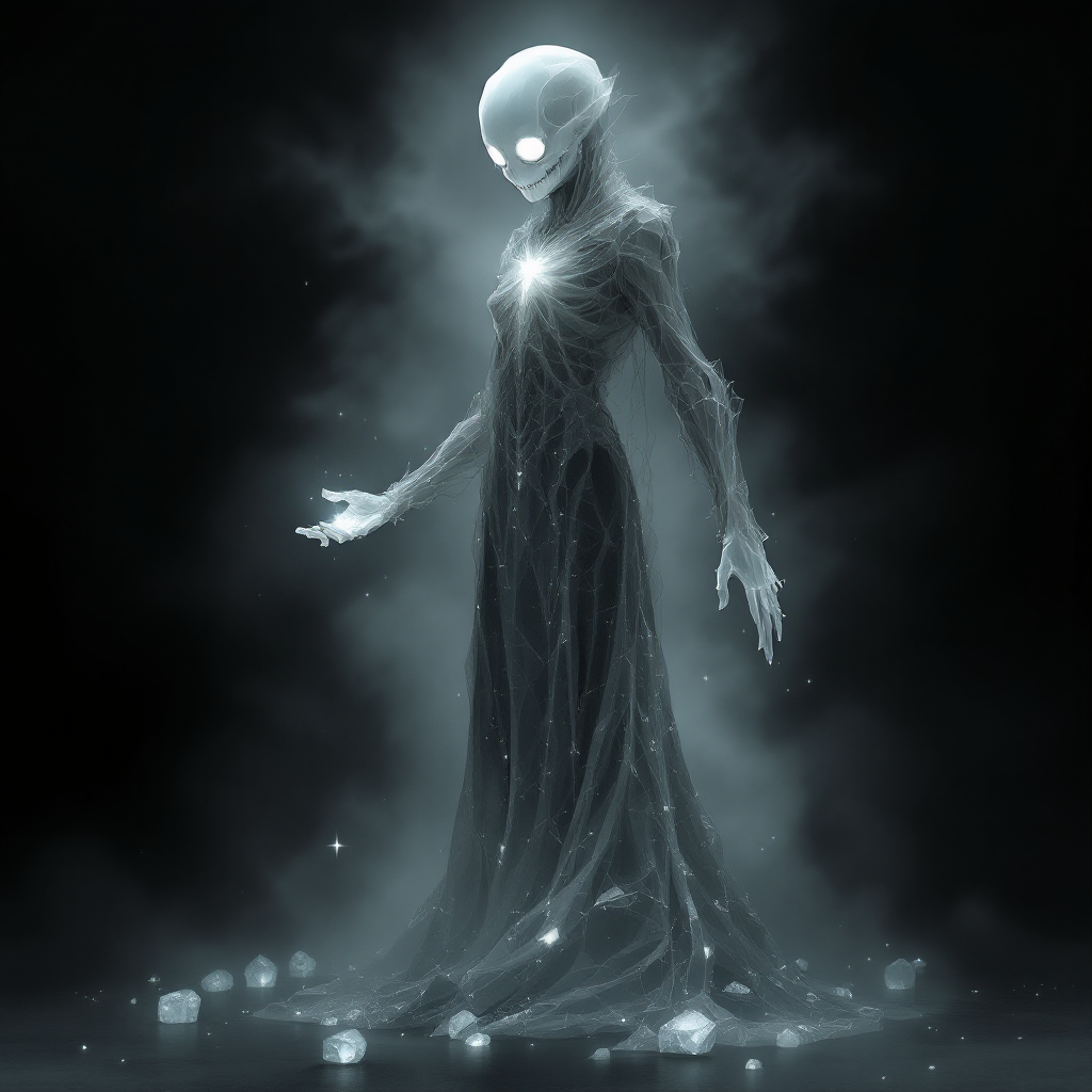 A spectral figure stands in a dark, misty environment, its glowing, featureless head contrasting with the flowing, shadowy cloak. This represents the quote: The last enemy that shall be destroyed is death.