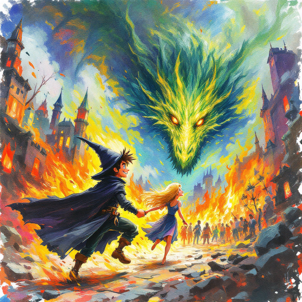 A sorcerer and a princess flee together from a burning city as a menacing dragon looms above, embodying a tale of daring adventure and mythical upheaval.