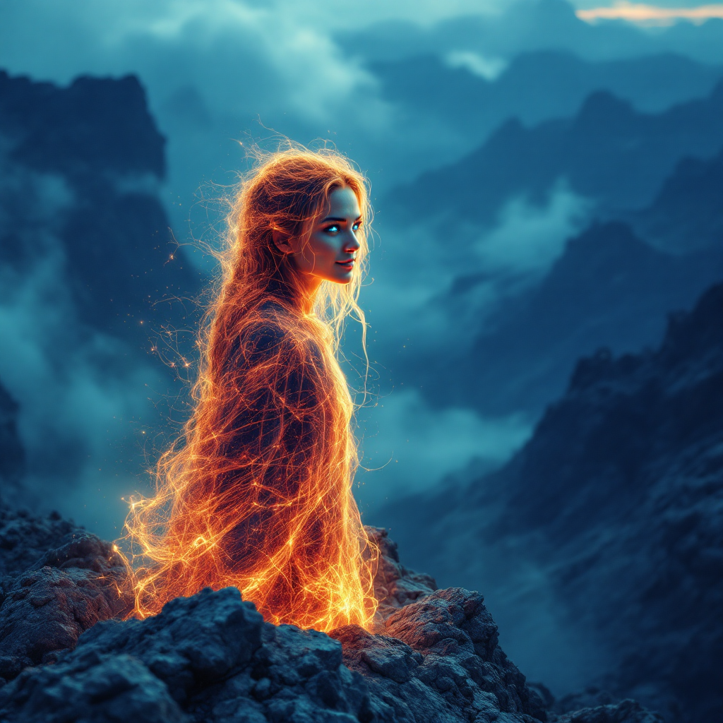 A figure made of glowing flames stands on rocky terrain, surrounded by misty mountains, embodying resilience and purpose, reflecting the quote about finding meaning in life’s struggles.