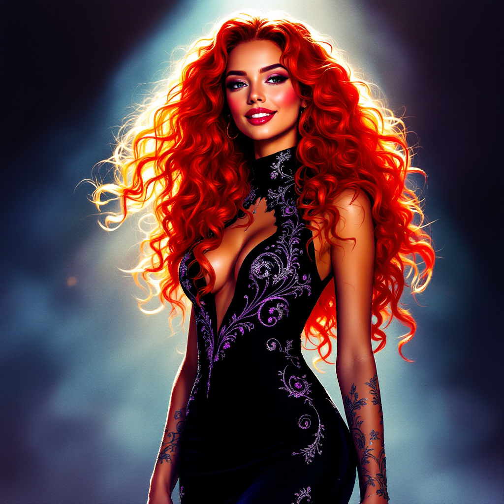 A confident woman with vibrant red curls stands in dramatic lighting, wearing a striking black dress adorned with intricate patterns, embodying the essence of first impressions.