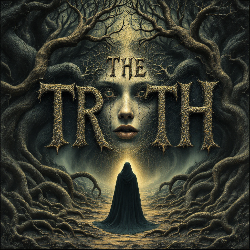 A mysterious figure in a dark forest highlights the blurred lines of truth and morality, with the word THE TRUTH emphasized in intricate, golden lettering above a haunting visage.