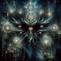 A dark, otherworldly depiction featuring multiple glowing eyes, intricate geometric patterns, and swirling mystical energies, inspired by the quote The Dark Lord always knows!