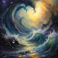 A cosmic scene with vibrant waves crashing under a starry sky, illuminated by golden light, symbolizing the dreams and fears echoing beyond the veil of stars.