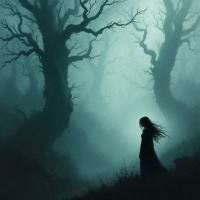 A solitary figure stands amidst dark, twisted trees shrouded in mist, embodying the haunting essence of the quote, The only thing worse than fear is giving into it.