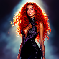 A confident woman with vibrant red curls stands in dramatic lighting, wearing a striking black dress adorned with intricate patterns, embodying the essence of first impressions.