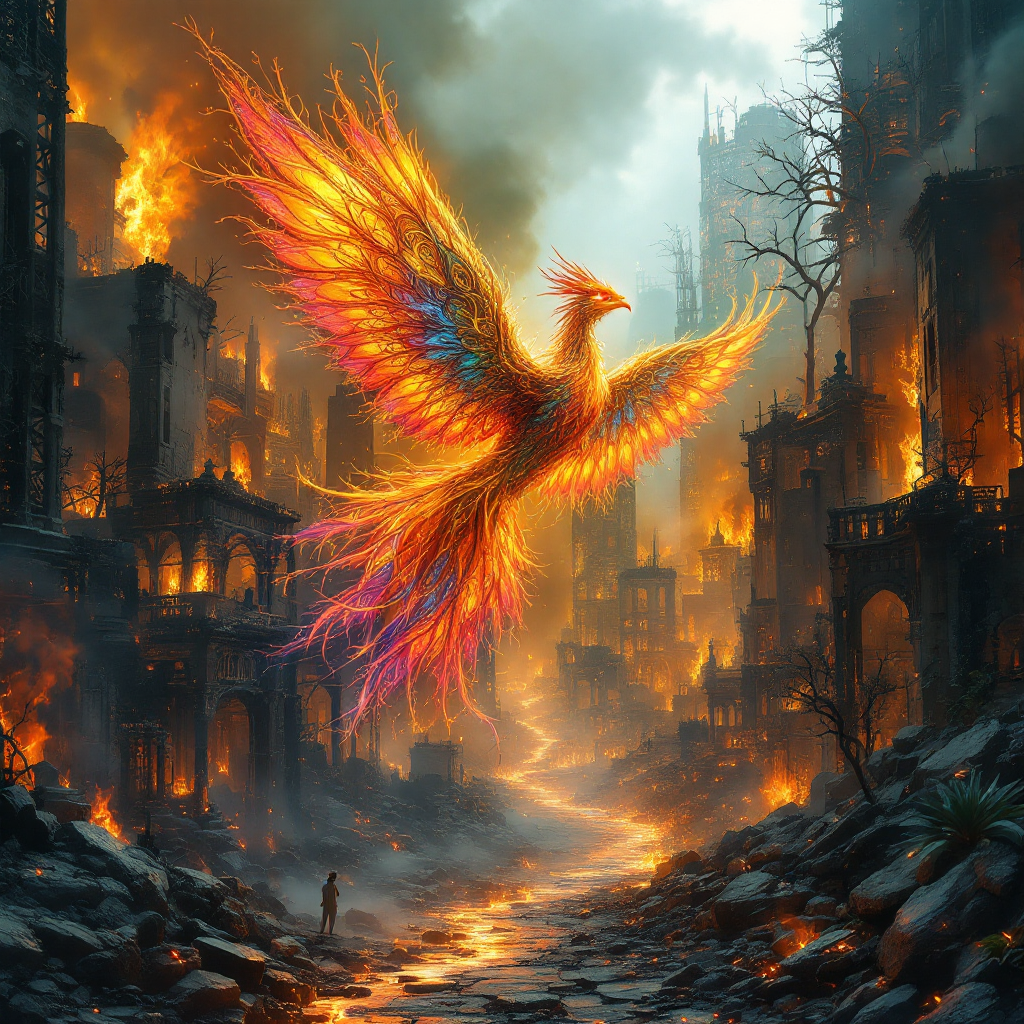 A vibrant phoenix rises from the ashes of a burning city, embodying renewal and hope amidst destruction, reflecting the theme of rebuilding from loss.