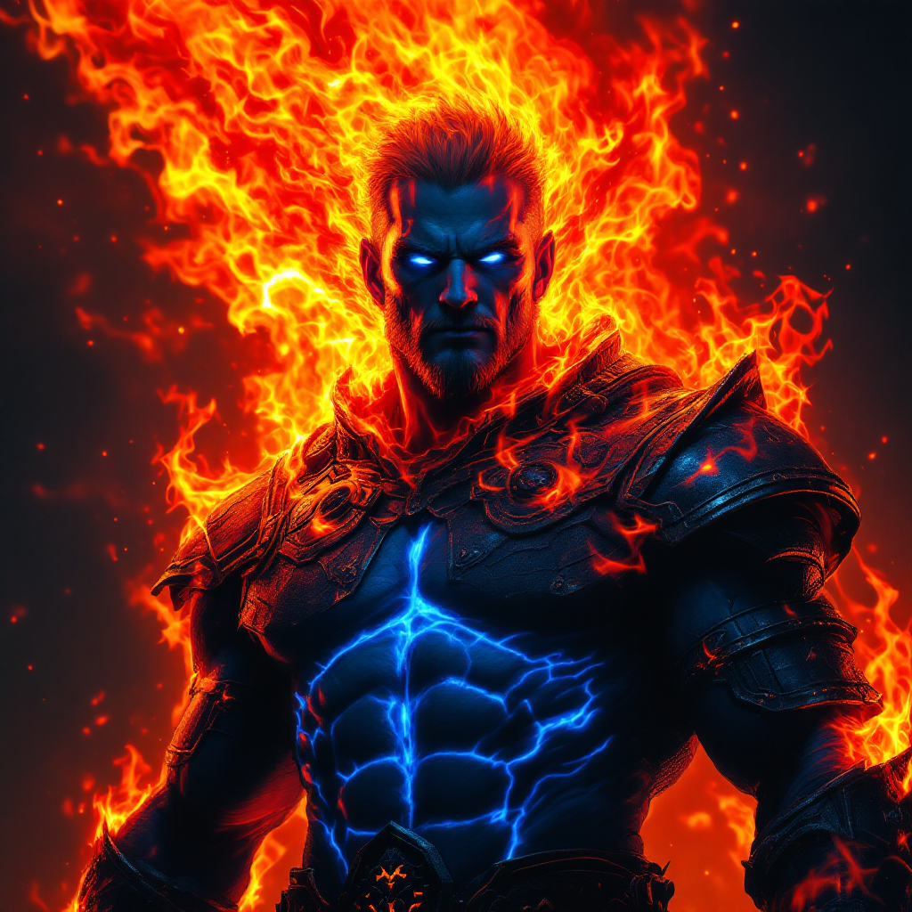 A fierce warrior stands boldly, surrounded by intense flames and glowing blue energy, embodying strength and determination to confront challenges head-on.