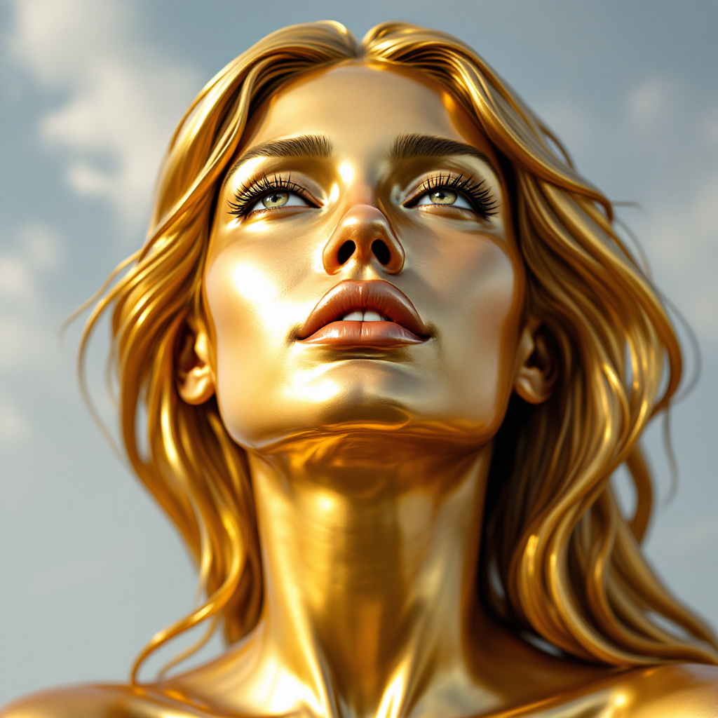 A woman with radiant golden skin gazes upward, embodying the passionate intensity of the quote about unrestrained feelings and deep admiration. The sky behind is softly illuminated.