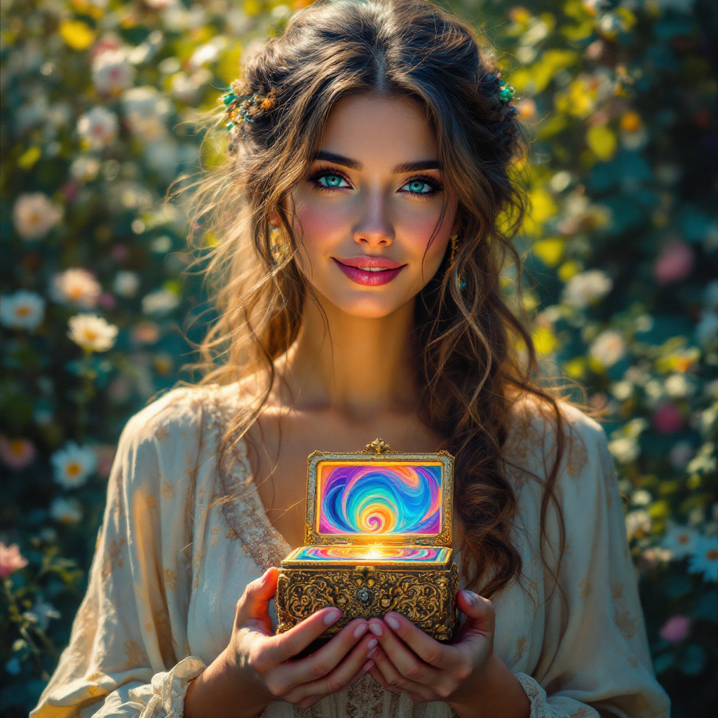 A serene woman holds a beautifully ornate jewelry box, revealing a vibrant, swirling pattern inside. She stands amidst a lush garden filled with blooming flowers, exuding warmth and creativity.