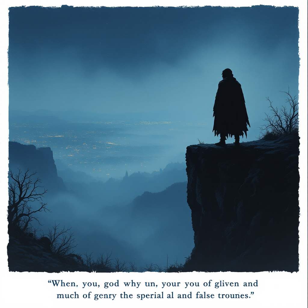 A solitary figure stands at the edge of a cliff, gazing into a misty valley below, evoking the quote about the pain of truth and the lengths people go to avoid it.