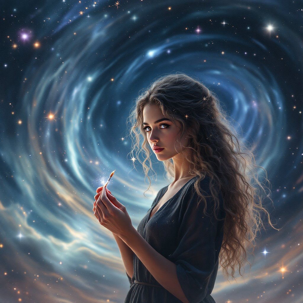 A young woman with flowing hair stands in front of a swirling galaxy, holding a small flame, embodying the quote about the universe conspiring to help those who desire something deeply.