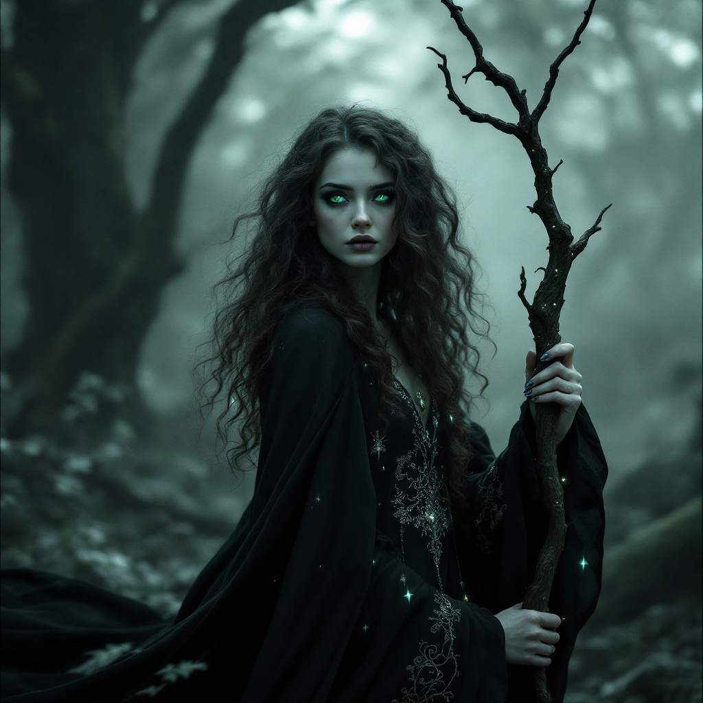 A mysterious woman with long, wavy hair and striking eyes stands in a foggy forest, holding a branch. Dressed in a flowing black gown, she embodies both solitude and connection to nature's magic.