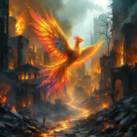 A vibrant phoenix rises from the ashes of a burning city, embodying renewal and hope amidst destruction, reflecting the theme of rebuilding from loss.