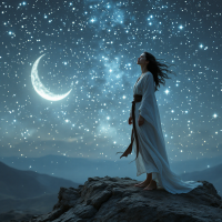 A figure in a flowing white robe stands on a rocky outcrop, gazing up at a starry sky filled with twinkling stars and a crescent moon, reflecting a sense of wonder and self-discovery.