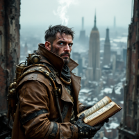 A rugged man stands against a foggy skyline, holding an aged book, smoke curling from his head. The scene reflects the quote about facing death and resilience.