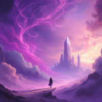 A lone figure stands on a path amid swirling pink clouds and vibrant cosmic energy, gazing at a majestic crystal spire under a dramatic, shifting sky, embodying the unpredictable nature of fate.