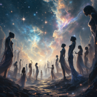 A celestial scene depicting ethereal figures standing amidst swirling colors of the cosmos, symbolizing how encounters shape existence in life and death.