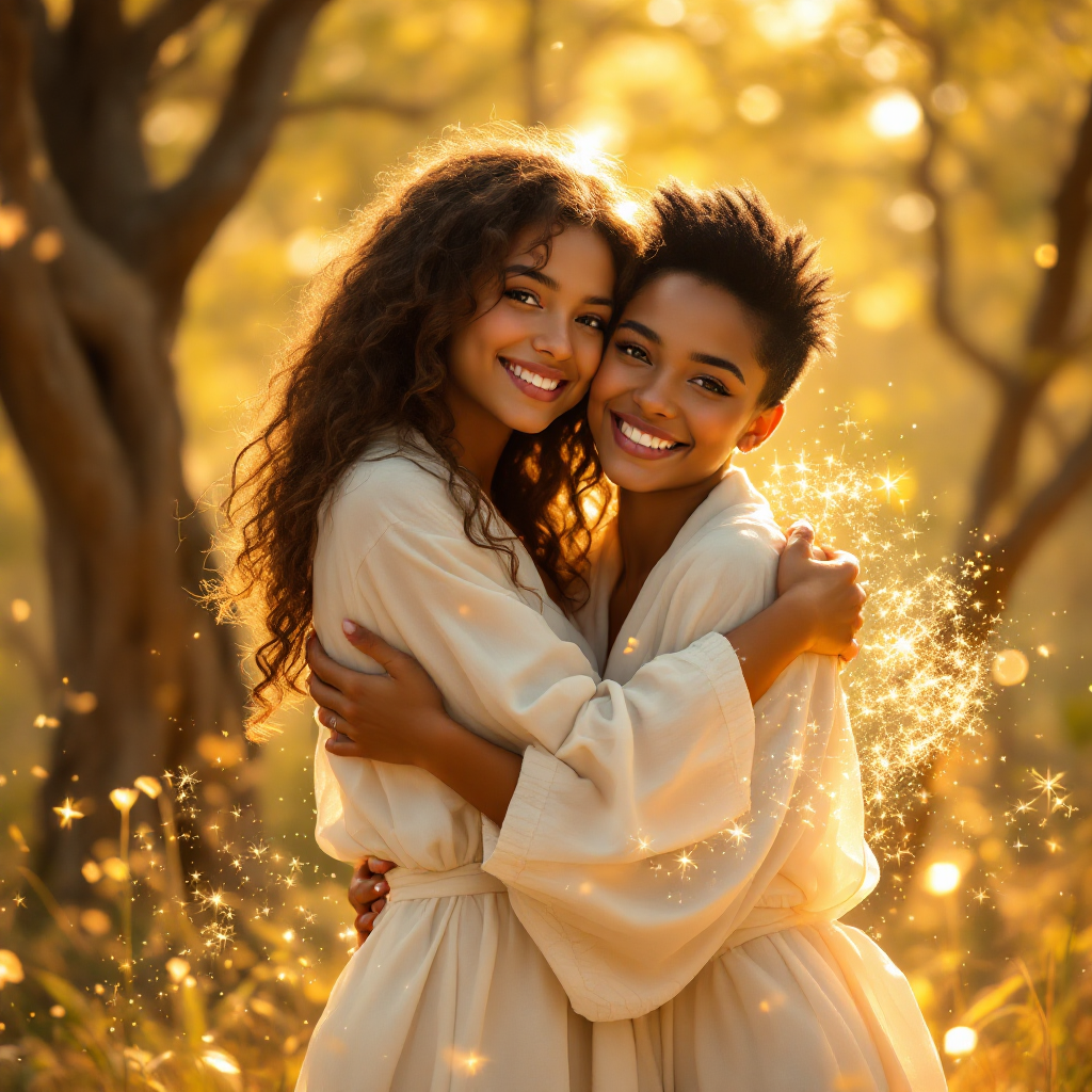 Two friends embrace warmly in a sunlit setting, surrounded by a magical glow. Their joyful expressions reflect the sentiment that friendship is life's greatest treasure.