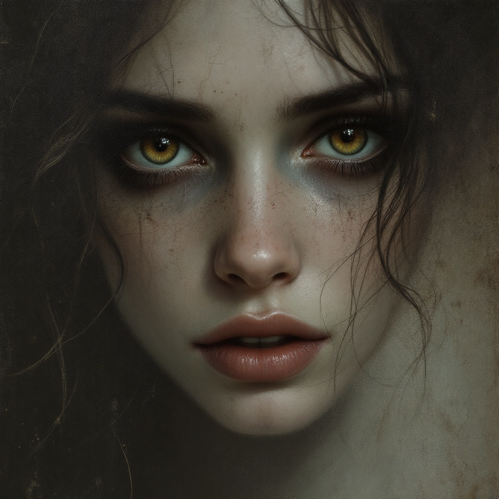 A close-up portrait of a young woman with striking green eyes and tousled dark hair, her expression reflecting deep emotional intensity, echoing the complexity of betrayal.