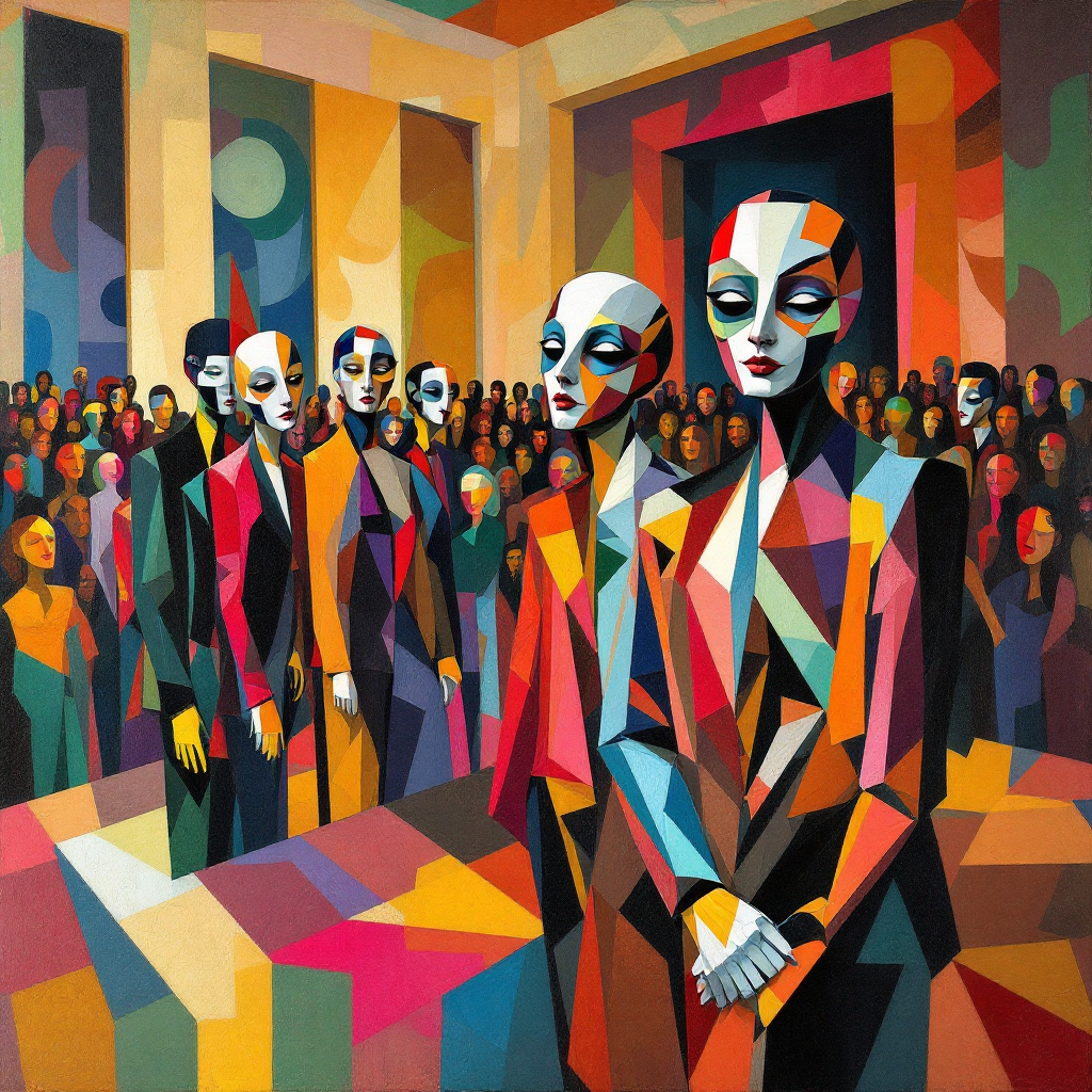 A vibrant, abstract scene depicts a group of masked figures in colorful attire standing before an audience, reflecting the quote about pain and the spectacle of human experience.