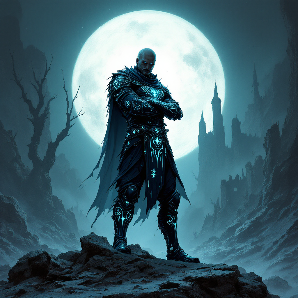 A powerful figure stands resolute in dark, ornate armor against a full moon, embodying strength and heart from battles fought in a haunting, mystical landscape.