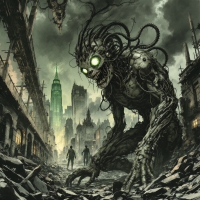 A monstrous figure with glowing eyes looms over a devastated urban landscape, embodying the transformation of love into misery, as illustrated by the haunting backdrop of crumbling buildings.