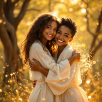 Two friends embrace warmly in a sunlit setting, surrounded by a magical glow. Their joyful expressions reflect the sentiment that friendship is life's greatest treasure.