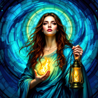 A woman in a flowing blue robe holds a glowing light in one hand and a lantern in the other, surrounded by vibrant, swirling colors, embodying the quote on moral choices.