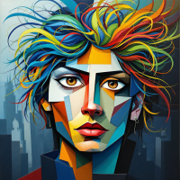 A vibrant, abstract portrait of a person with multicolored, wild hair and striking features, reflecting the defiance encapsulated in the quote, I will not be a pawn in someone else’s game.