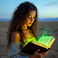 A young woman with flowing hair gazes thoughtfully at a glowing book in her hands, surrounded by a vast, open landscape during twilight, reflecting on the quote about experience and mistakes.