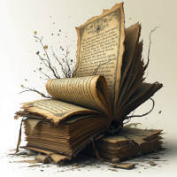 An open, aged book with weathered pages spills words and thoughts, evoking the idea that one's name, like a story, remains forever revealed and cannot be closed or forgotten.