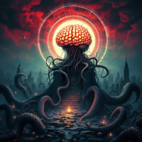 An ominous scene depicting a giant, glowing brain surrounded by dark, twisting tentacles, set against a backdrop of a stormy sky and a shadowy cityscape.